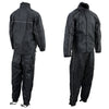 Milwaukee Leather NexGen SH2334 men's black waterproof rain suit with reflective flame skull design, front and side view.