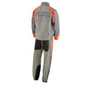 Milwaukee Leather men's gray and orange water-resistant rain suit with reflective piping, lightweight and protective for outdoor use.