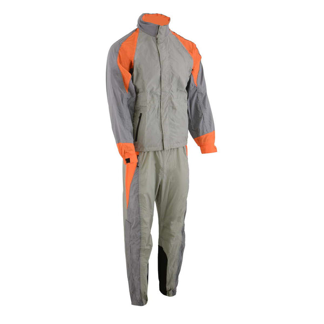 Milwaukee Leather men's gray and orange water-resistant rain suit with reflective piping, designed for outdoor protection.