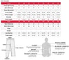 Milwaukee Leather NexGen Ladies waterproof rain suit in black, beige, and orange with a hood, shown with size chart.