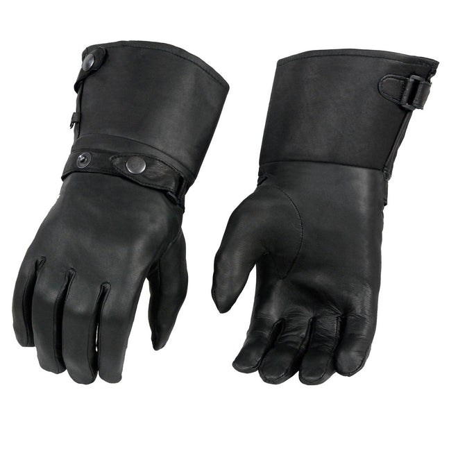 Milwaukee Leather men's black gauntlet motorcycle gloves with long cuffs, snap closure, thermal lining, and leather construction.