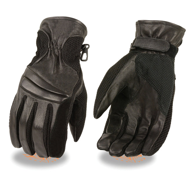 Men's black leather and mesh racing gloves by Milwaukee Leather, showing the gloves' design and material details.