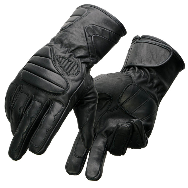 Milwaukee Leather SH451 men's black leather racing motorcycle gloves with padded wrist and knuckle protection.