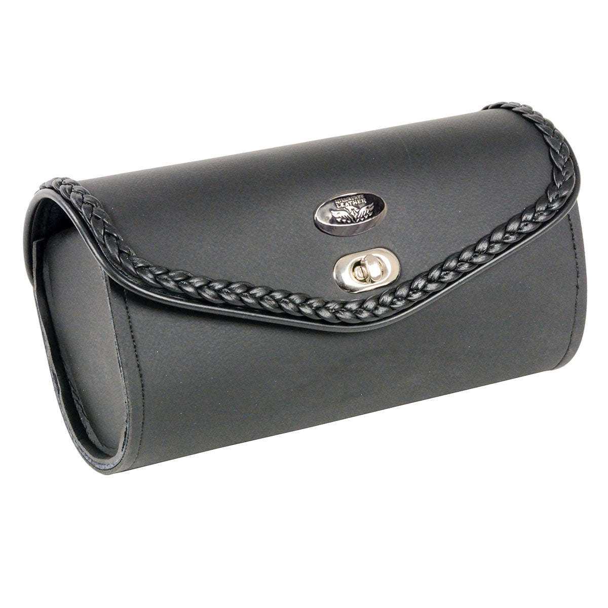 Milwaukee Leather black PVC large braid and studded windshield bag with turn clasp, clip, thigh, or fan mount, for motorcycle storage