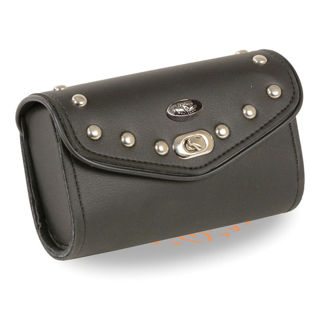 Milwaukee Leather Black PVC small studded windshield bag with quick-release clip, designed for motorcycle windshields and accessories.