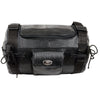Milwaukee Leather SH535 small motorcycle leather roll bag mounted on a sissy bar, designed for bikers and motorcycle storage.