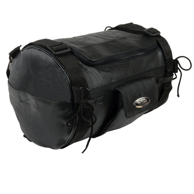 Milwaukee Leather SH535 small motorcycle leather roll bag mounted on sissy bar, designed for biker bags and easy installation.