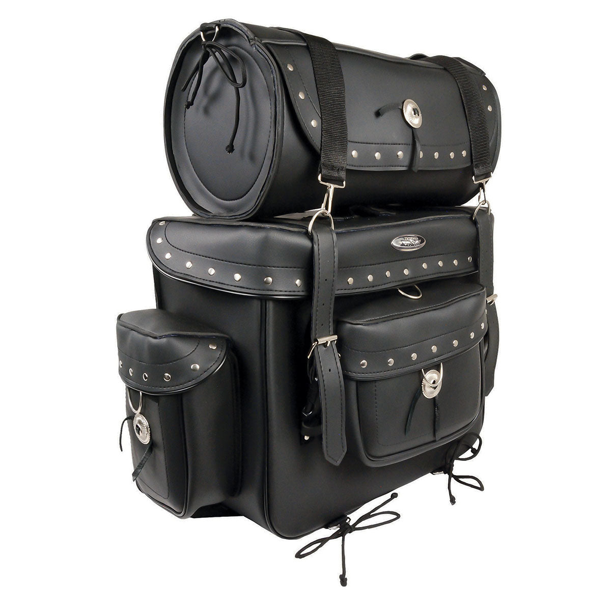 Milwaukee Leather SH538 black PVC motorcycle touring sissy bar bag with water-resistant design and large storage capacity for bikers.