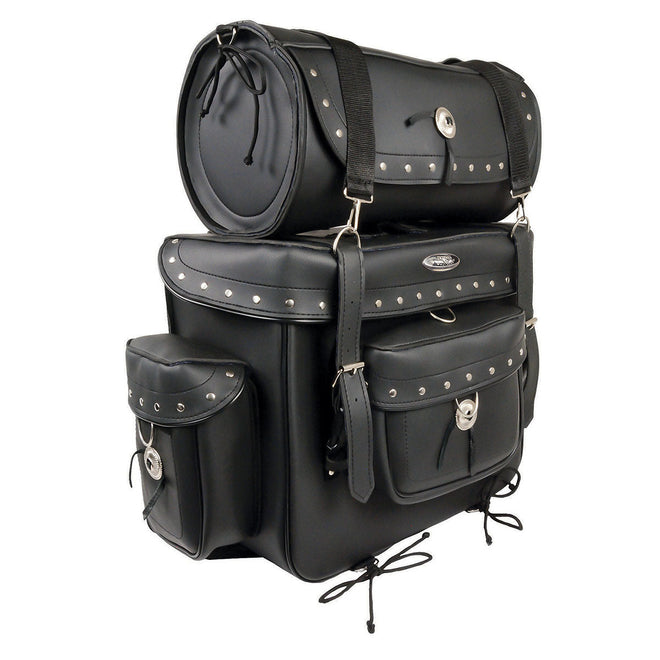 Milwaukee Leather SH538 black PVC motorcycle touring sissy bar bag with water-resistant design and large storage capacity for bikers.