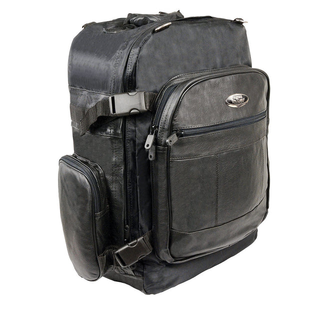 Milwaukee Leather SH540 black leather and textile motorcycle sissy bar backpack with padded straps and sturdy design for bikers.