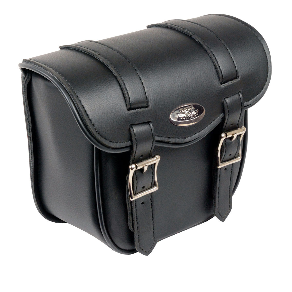 Milwaukee Leather SH545 black PVC motorcycle sissy bar bag with multiple compartments, mounted on a bike for storage.