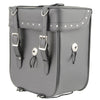 Milwaukee Leather SH581 black studded PVC sissy bar motorcycle bag mounted on a bike, designed for bikers.