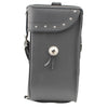 Milwaukee Leather SH581 black studded PVC sissy bar motorcycle bag on a motorcycle, designed for biker bags.