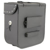 Milwaukee Leather SH581 black studded PVC sissy bar motorcycle bag mounted on a bike with metal studs and secure straps.
