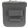 Milwaukee Leather SH581 black studded PVC sissy bar motorcycle bag attached to a motorcycle bike, featuring metal studs and secure straps.
