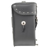 Milwaukee Leather SH581 black studded PVC sissy bar motorcycle bag mounted on a bike for bikers and motorcycle touring.
