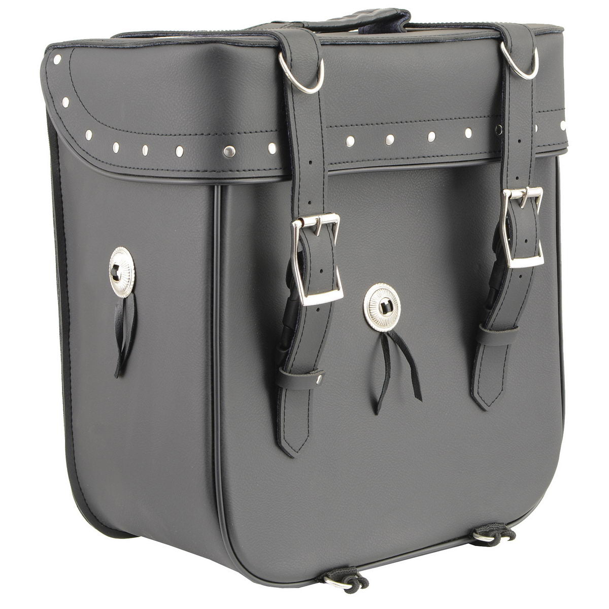 Milwaukee Leather SH581 black studded PVC sissy bar motorcycle bag attached to a motorcycle for bikers and motorcycle touring.