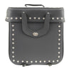 Milwaukee Leather black studded PVC sissy bar motorcycle bag attached to a bike's sissy bar for biker storage.