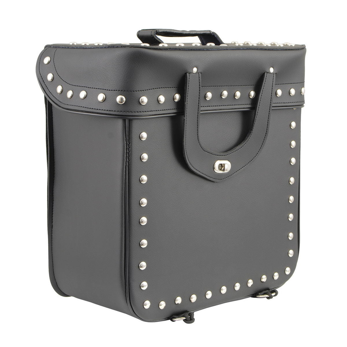 Milwaukee Leather black PVC sissy bar motorcycle bag with studded design, suitable for biker bags and motorcycle storage.