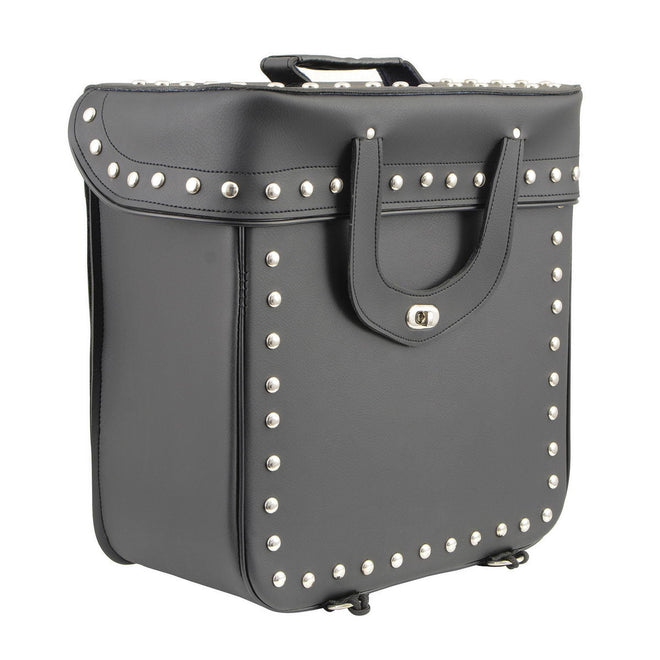 Milwaukee Leather black PVC sissy bar motorcycle bag with studded design, suitable for biker bags and motorcycle storage.