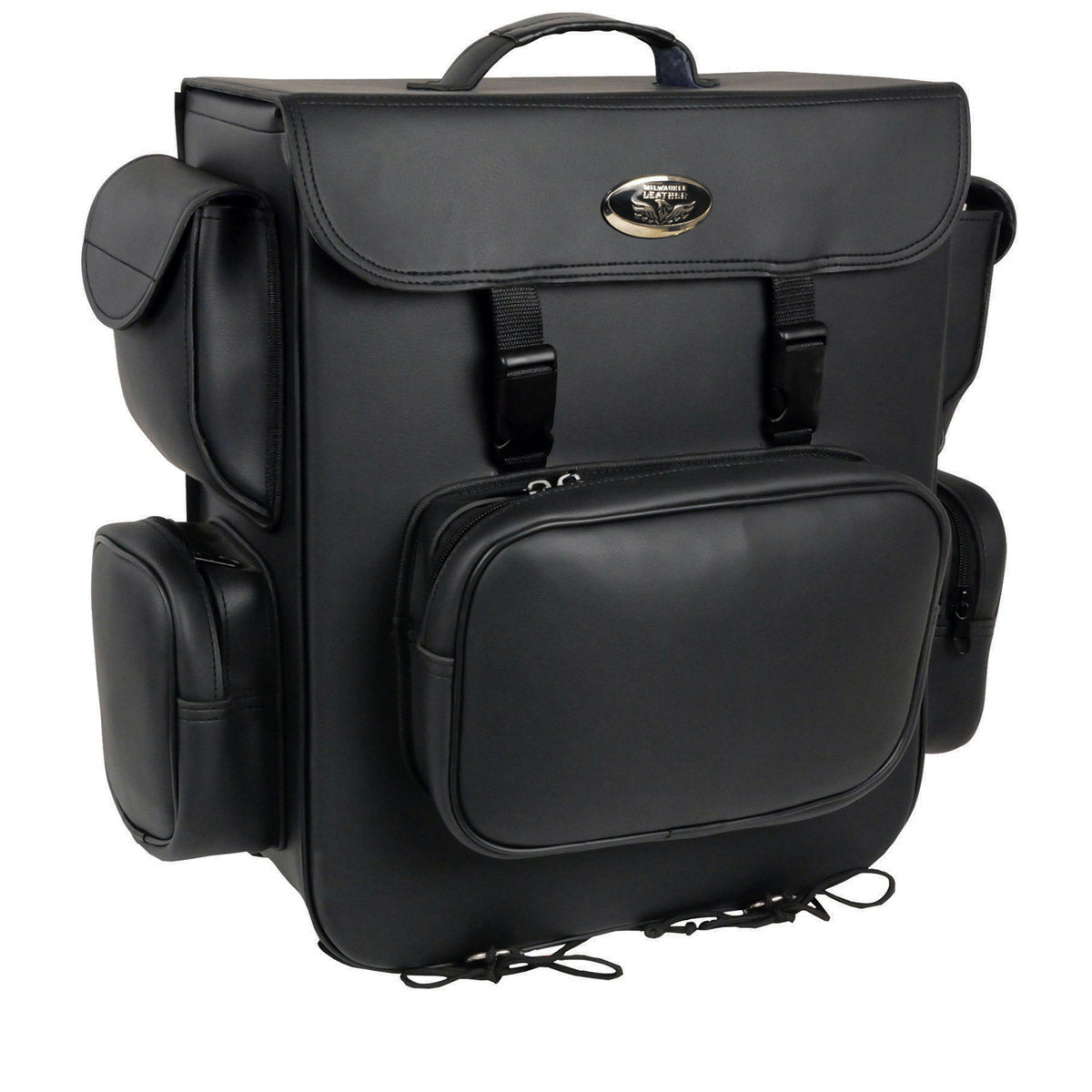 Milwaukee Leather SH584 large black PVC motorcycle sissy bar bag with five bonus pockets, designed for biker bags.