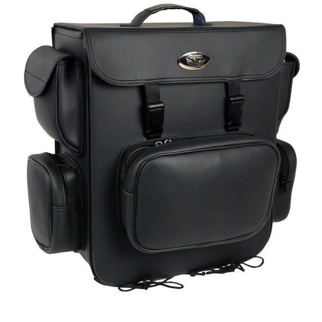 Milwaukee Leather SH584 large black PVC motorcycle sissy bar bag with five bonus pockets, designed for biker bags.