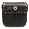 Milwaukee Leather small black PVC studded sissy bar motorcycle bag mounted on a bike, designed for biker bags enthusiasts.