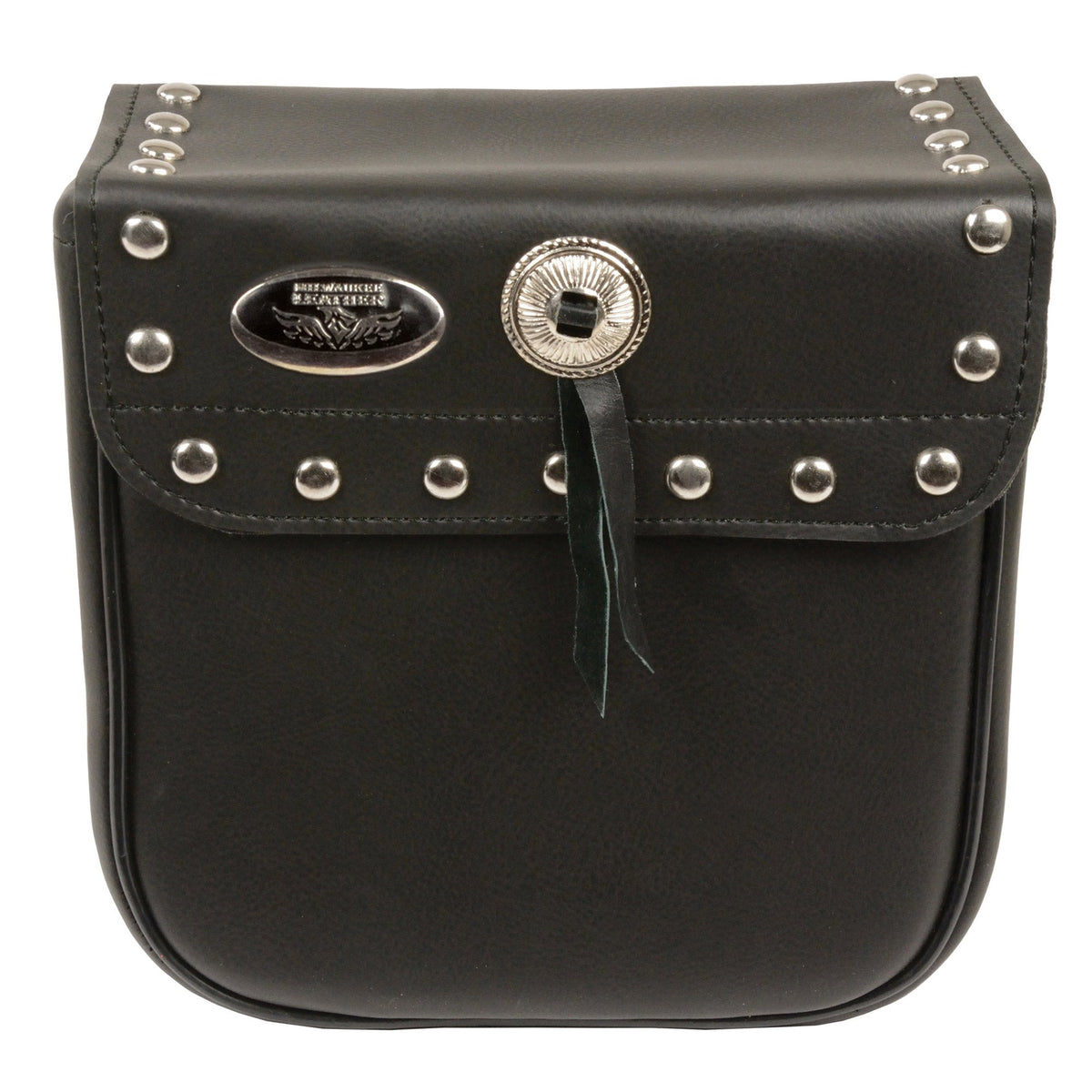 Milwaukee Leather small black PVC studded sissy bar motorcycle bag mounted on a bike, designed for biker bags enthusiasts.