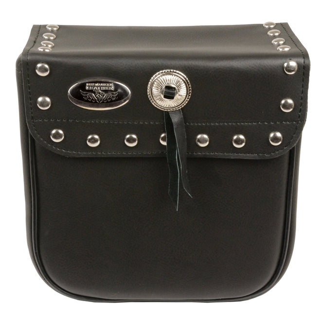 Milwaukee Leather small black PVC studded sissy bar motorcycle bag mounted on a bike, designed for biker bags enthusiasts.
