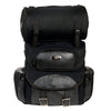 Milwaukee Leather SH602BAG black textile and PVC two-piece touring sissy bar motorcycle bag on a bike.