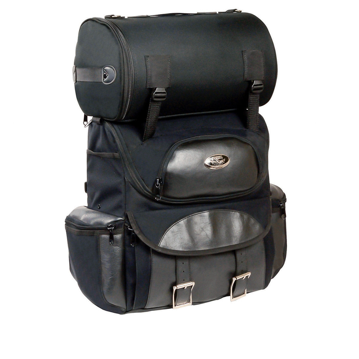Milwaukee Leather SH602BAG black textile and PVC touring sissy bar motorcycle bag with two compartments on a motorcycle.