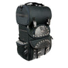 Milwaukee Leather SH602S black textile two-piece studded touring sissy bar motorcycle bag with straps and storage compartments.