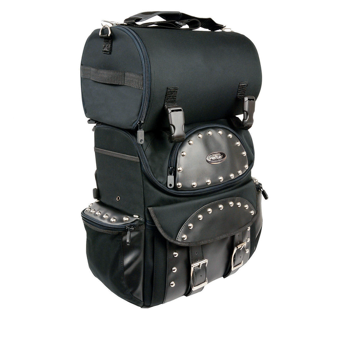 Milwaukee Leather SH602S black textile two-piece studded touring sissy bar motorcycle bag with straps and storage compartments.