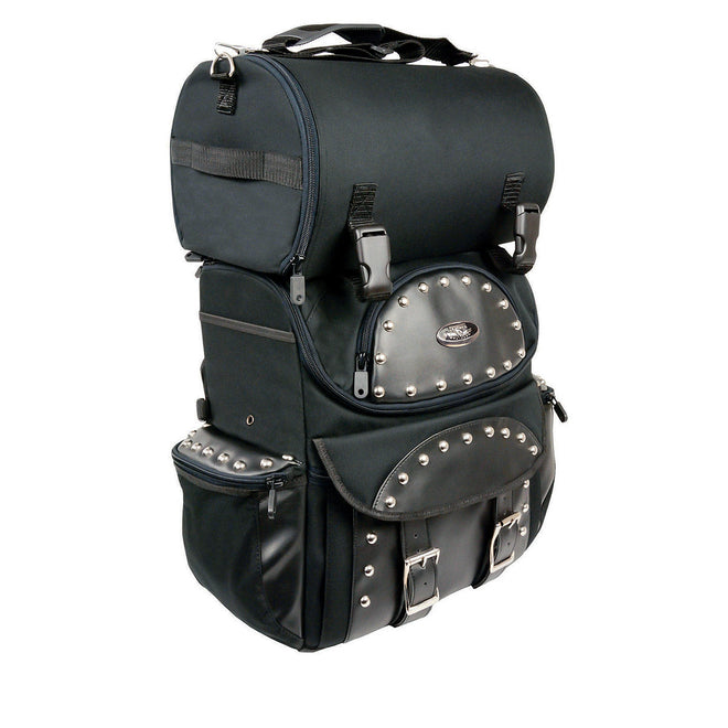 Milwaukee Leather SH602S black textile two-piece studded touring sissy bar motorcycle bag with straps and storage compartments.