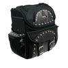 Milwaukee Leather SH602S black textile two-piece studded touring sissy bar motorcycle bag with sturdy straps and metal stud accents.