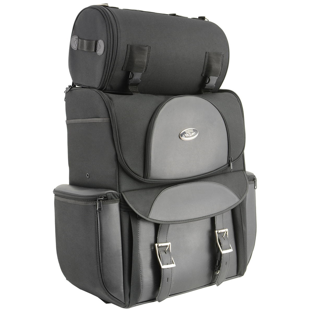 Milwaukee Leather SH605 large black textile and PVC motorcycle touring sissy bar bag with two sections, designed for bikers.