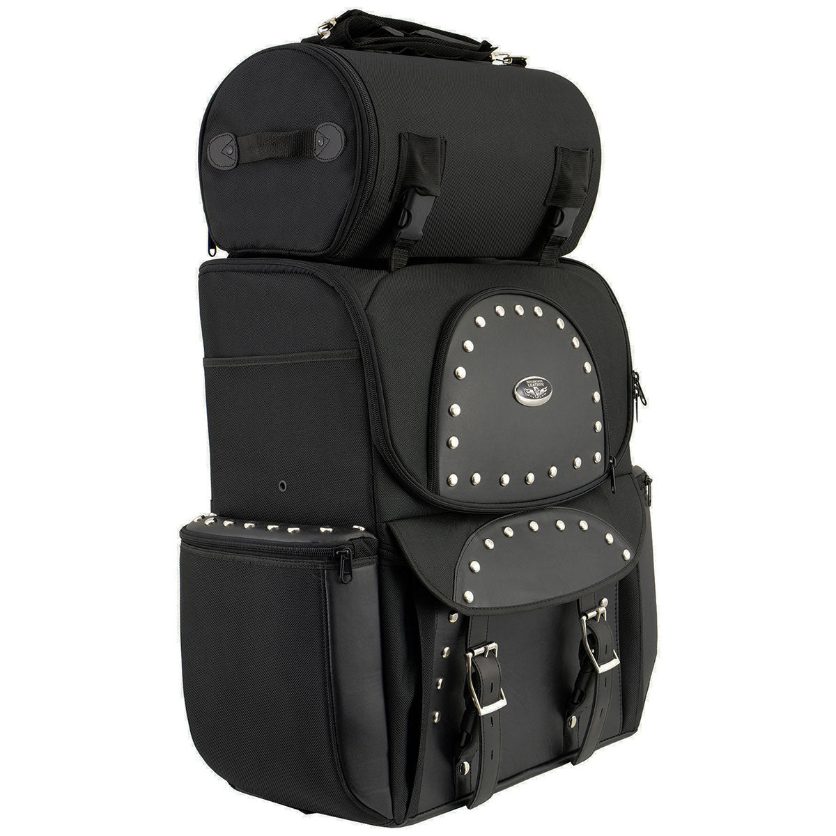 Milwaukee Leather SH605S large black studded textile and PVC touring sissy bar motorcycle bag with multiple compartments and sturdy design.