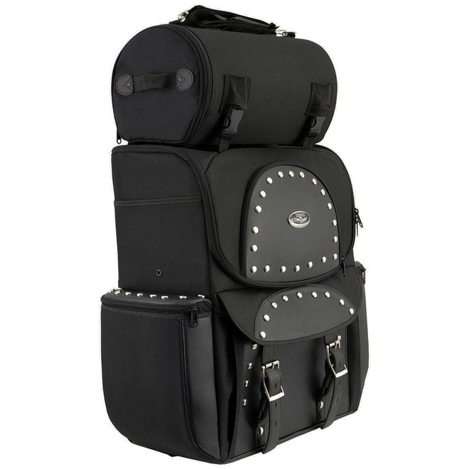 Milwaukee Leather SH605S large black studded textile and PVC touring sissy bar motorcycle bag with multiple compartments and sturdy design.