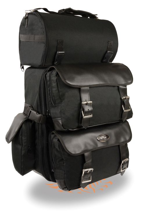 Milwaukee Leather SH606 large black textile motorcycle sissy bar bag with briefcase pockets for bikers.