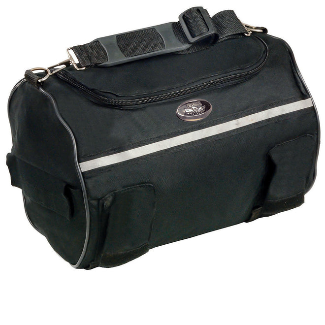 Milwaukee Leather SH608 black textile motorcycle roll bag with reflective material for biker bags, designed for secure storage.