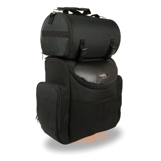 Milwaukee Leather SH617 large black nylon two-piece sissy bar motorcycle bag with map pocket and sturdy design.