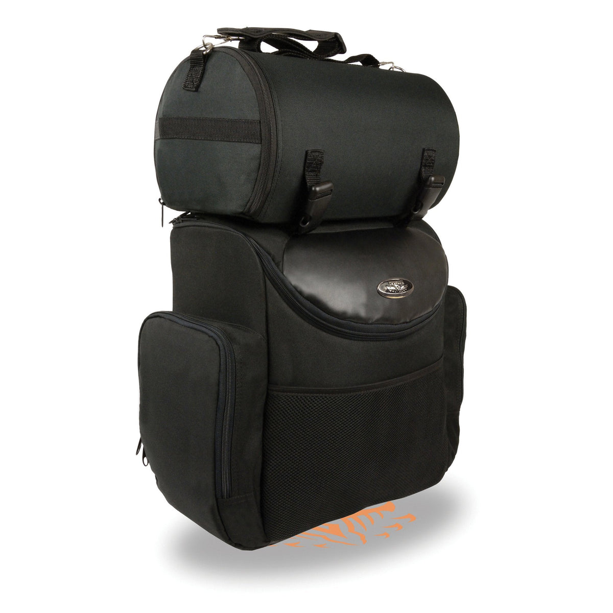 Milwaukee Leather SH617 large black nylon two-piece sissy bar motorcycle bag with map pocket mounted on a bike.