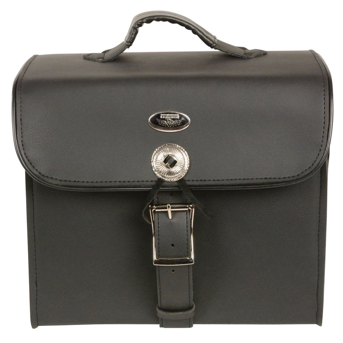 Milwaukee Leather SH618 medium black PVC motorcycle sissy bar bag with adjustable straps and reflective accents for bikers.
