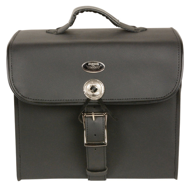 Milwaukee Leather SH618 medium black PVC motorcycle sissy bar bag with adjustable straps and reflective accents for bikers.
