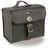 Milwaukee Leather SH618 black PVC sissy bar motorcycle bag attached to a bike's sissy bar, showcasing durable biker storage.