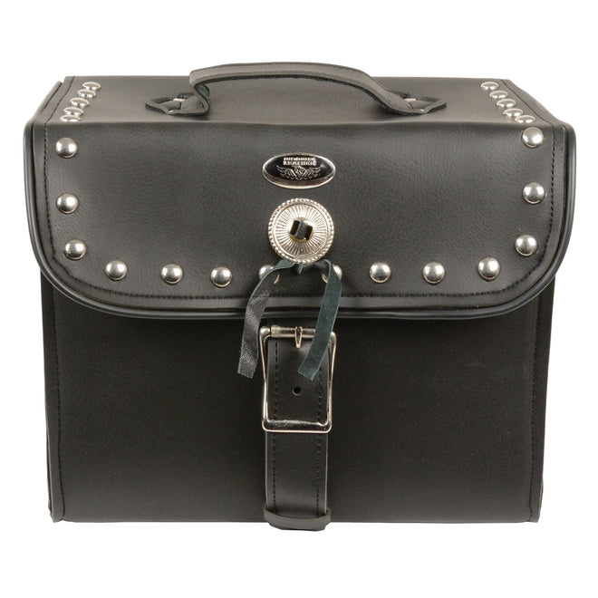 Milwaukee Leather SH618S medium black studded PVC sissy bar carry motorcycle bag with metal studs and strap attachment for bikers.