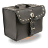 Milwaukee Leather SH618S black studded PVC sissy bar carry motorcycle bag mounted on a bike. Biker bag with rugged design.