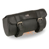 Milwaukee Leather SH625 black PVC large curved flap tool bag with quick release, designed for bikers and motorcycle storage.