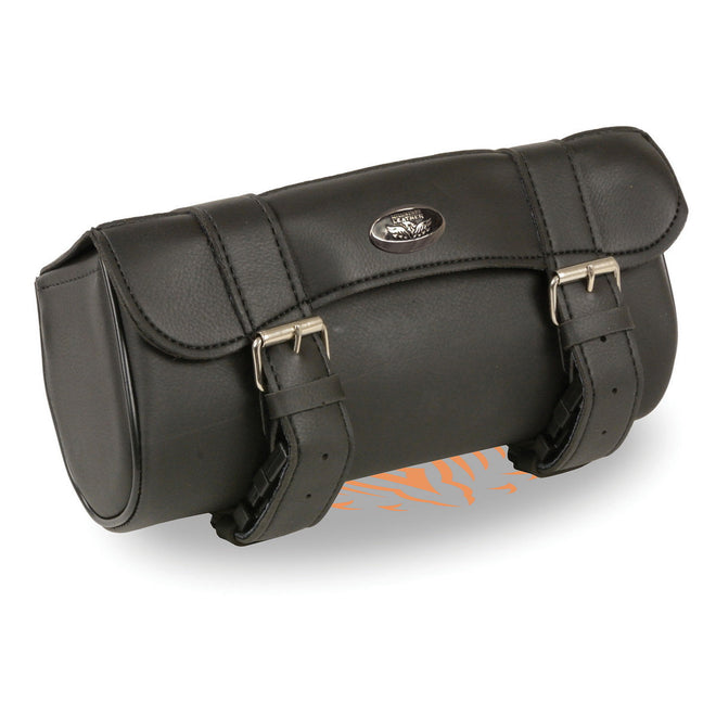 Milwaukee Leather SH625 black PVC large curved flap tool bag with quick release, designed for bikers and motorcycle storage.