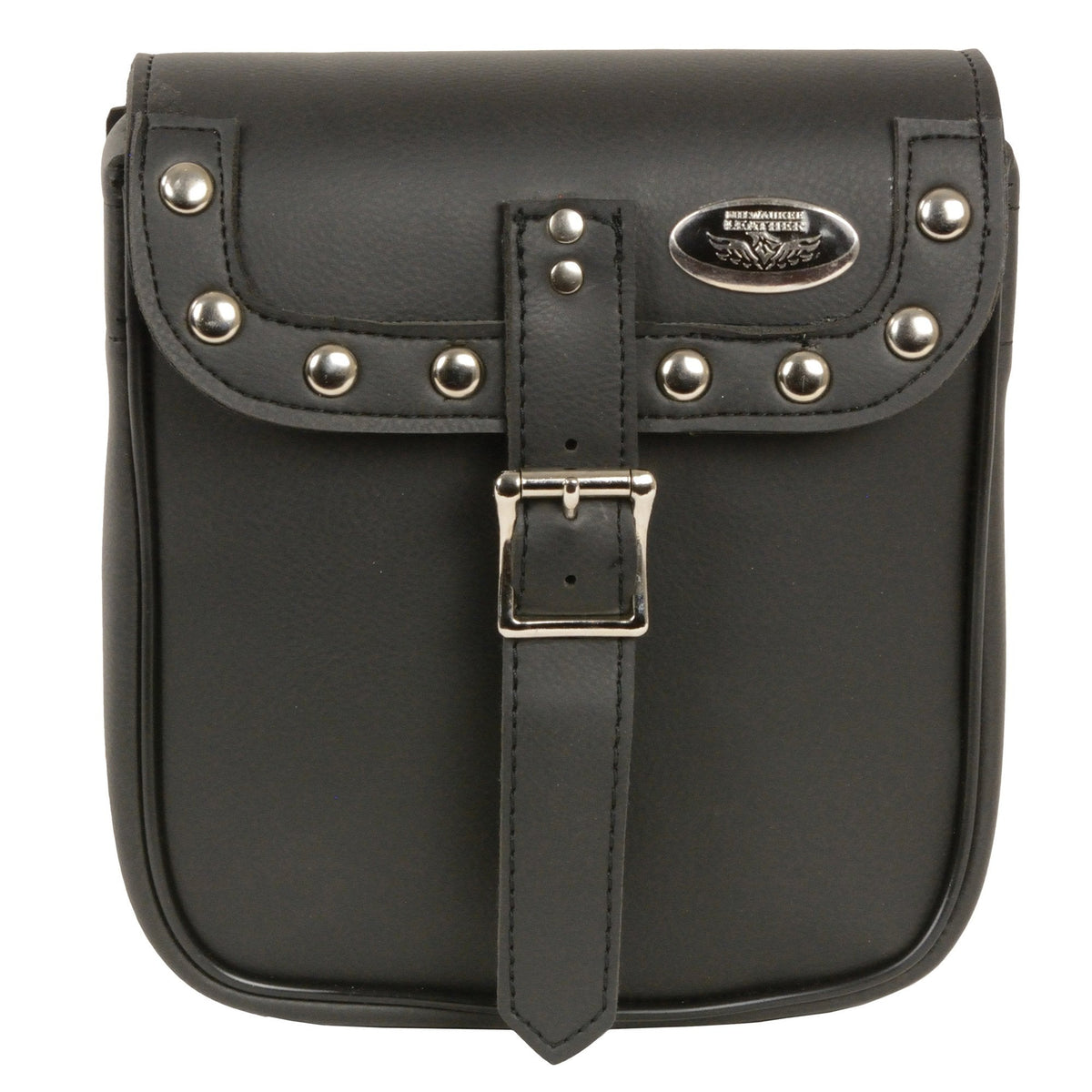 Milwaukee Leather black PVC sissy bar motorcycle bag with small studs, designed for clip and thigh bag styles.